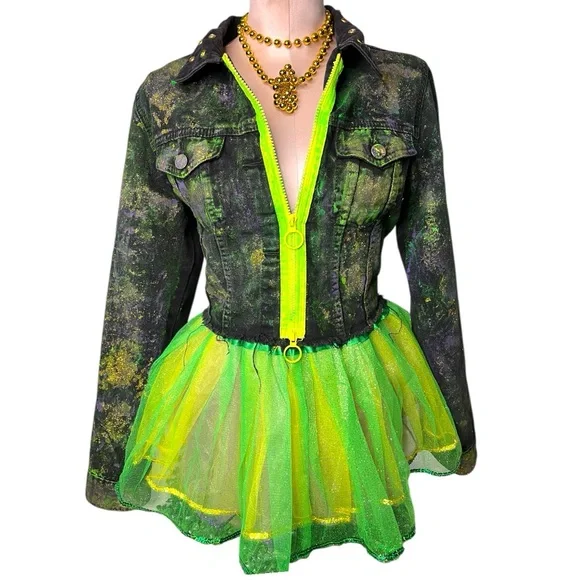 Custom Vibrant Mardi Gras Green and Black Denim American Bazi Jacket, Size: Lg - Picture 4 of 10